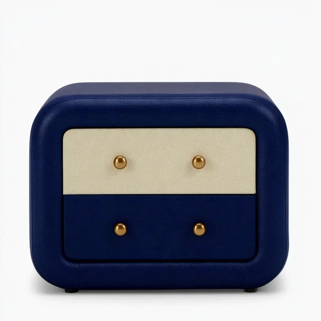 Pierandpoise blue and beige nightstand with two drawers and button handles, featuring a sleek, modern design.