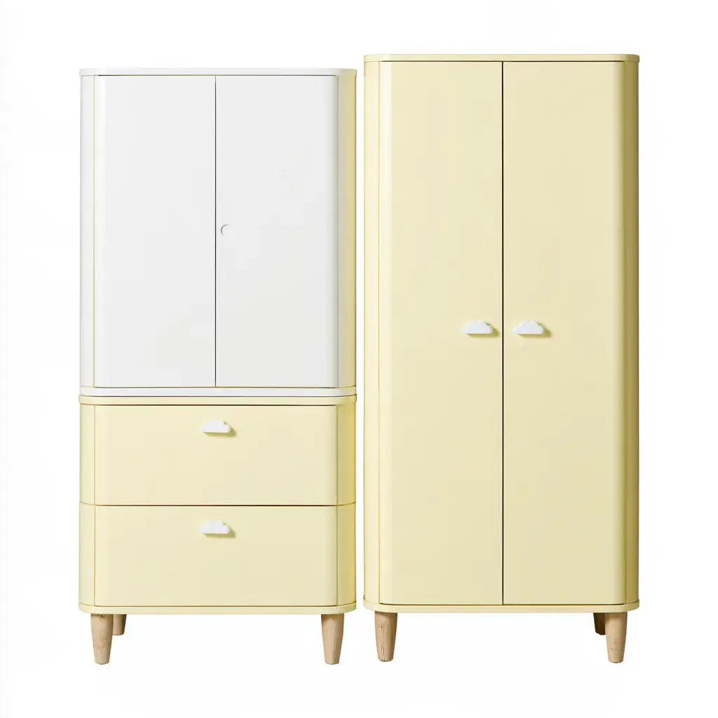 Armario con dos módulos con puertas y cajones - blanco/amarillo