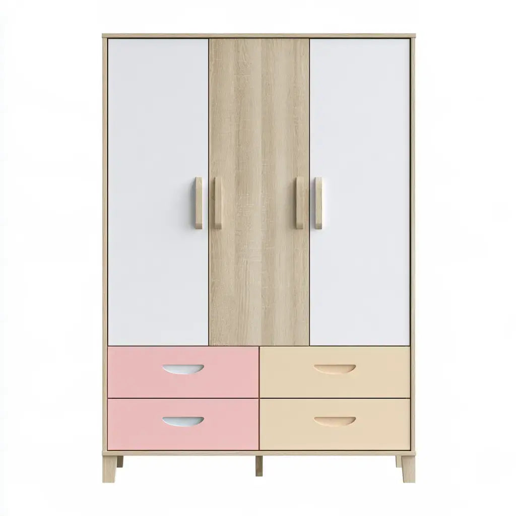 Armario con puertas contrastadas y cajones bajos - blanco/beige/rosa