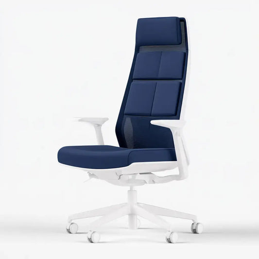 Silla de oficina con respaldo alto segmentado y ruedas - azul/blanco