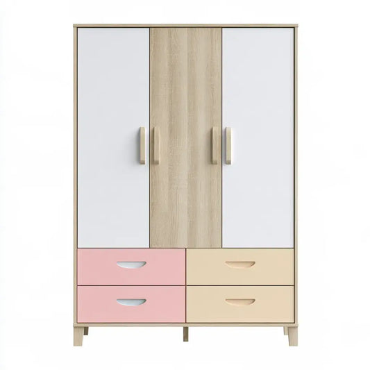 Armario con puertas contrastadas y cajones bajos - blanco/beige/rosa
