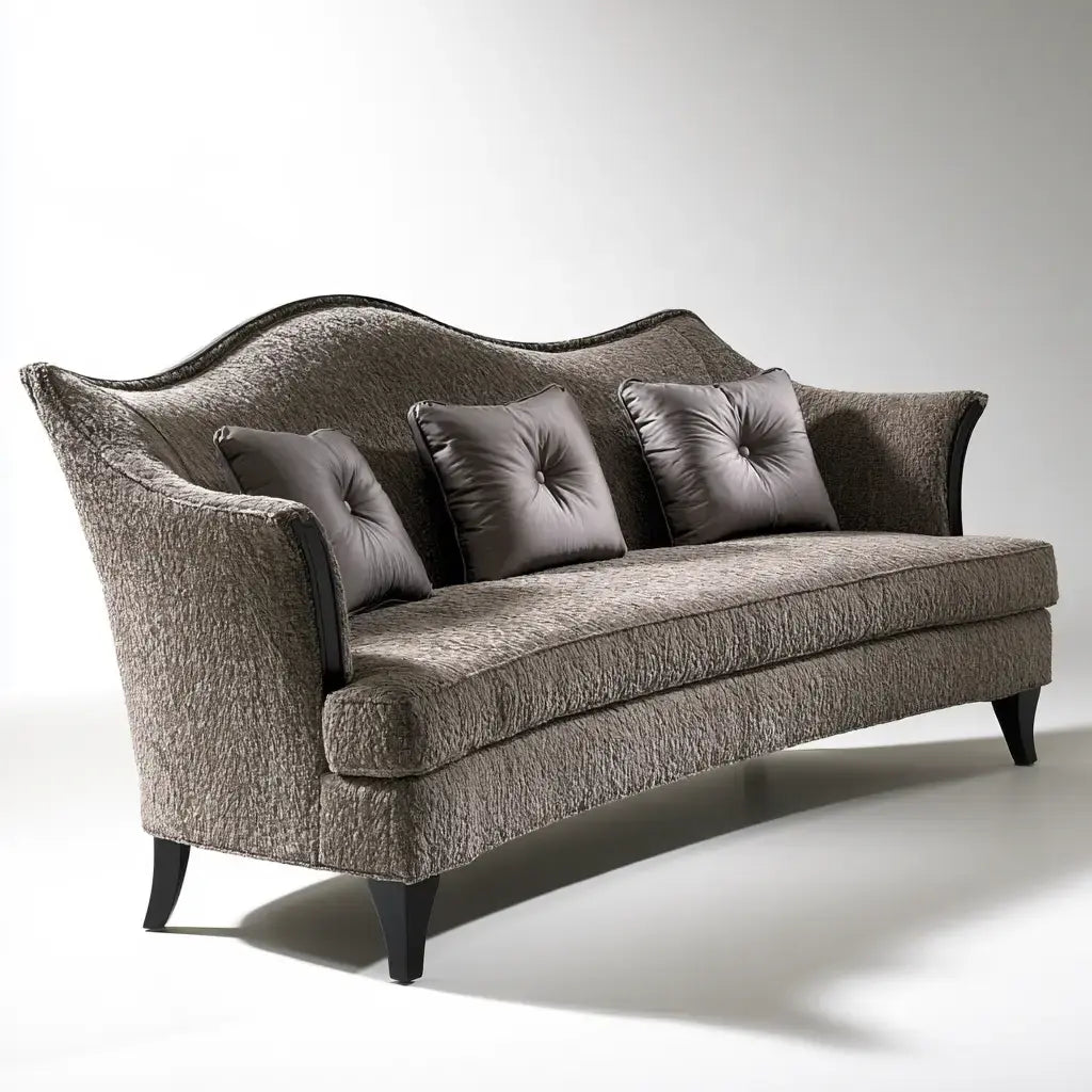 Gray Pierandpoise sofa with wavy backrest and button-tufted cushions, showcasing a modern and stylish living room seating option.