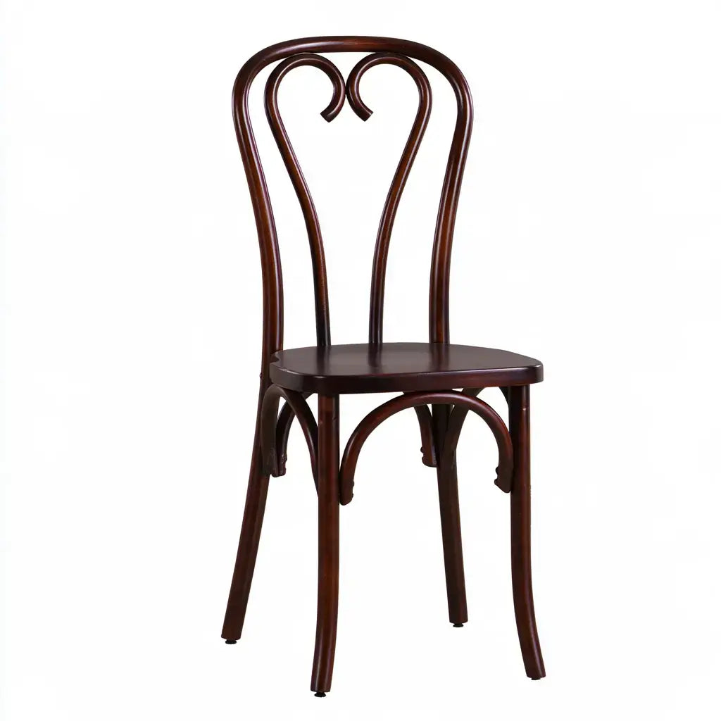 Pierandpoise brown dining chair with a double curved ornamental backrest, showcasing elegant craftsmanship and stylish design.